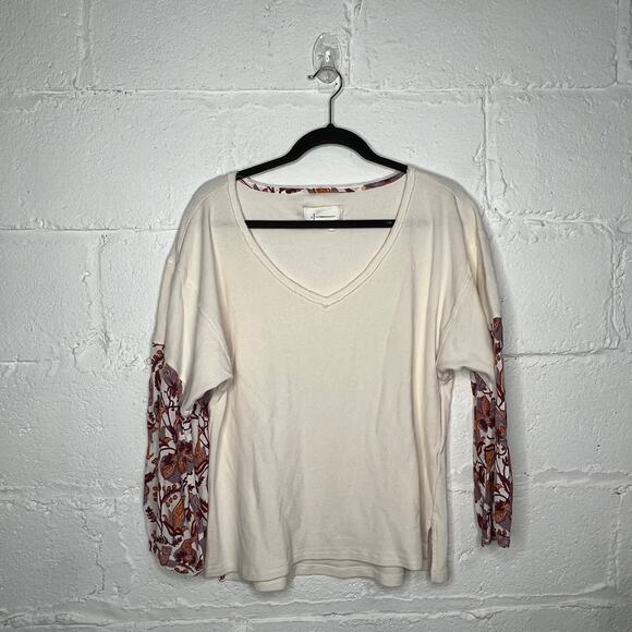 Anthropologie Women's V-Neck Waffle Knit Annette Top White Boho Paisley Small - Picture 2 of 9